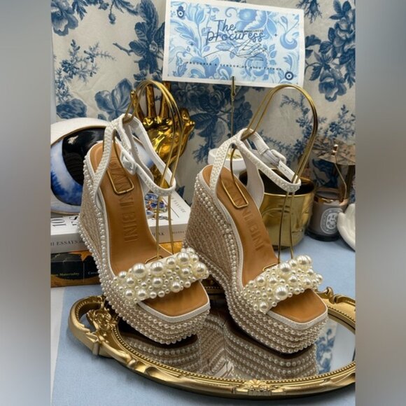 🆕 GIANNI BINI 🧿 NWOB Savanna Pearl Ornamented Platform Wedge Sandals, Sz 6.5 - Picture 3 of 16